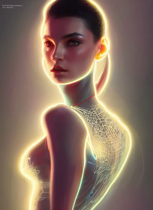 Image similar to a portrait of female humanoid in transparent fashion wear, intricate, elegant, cyber neon lights, highly detailed, digital photography, trending in artstation, glamor pose, concept art, smooth, sharp focus, art by artgerm and greg rutkowski