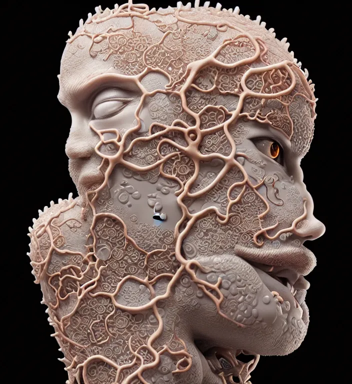 Image similar to Monster, A Close up photo-real delicate ceramic porcelain sculpture of a symmetrical ornate detailed in front of an intricate background by Victo Ngai and takato yamamoto, micro detail, backlit lighting, face in focus, subsurface scattering, translucent, thin porcelain, octane renderer, colorful, physically based rendering, japanese pottery, trending on cgsociety