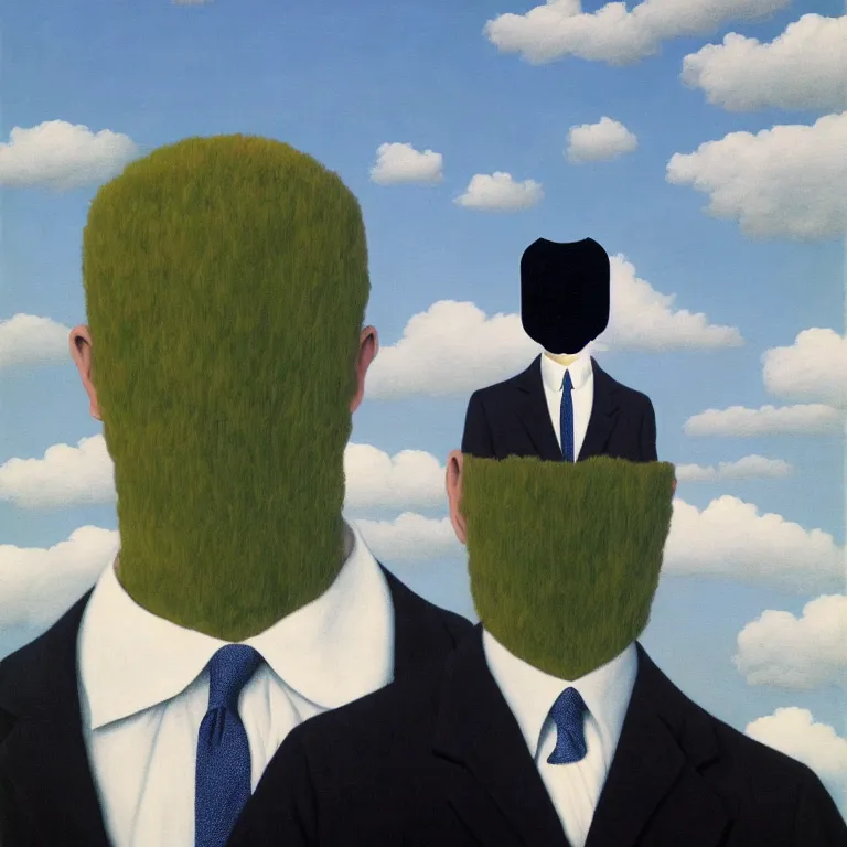 Image similar to portrait of a faceless shadow - head man in a suit, clouds in the background, by rene magritte, detailed painting, distance, centered, hd, hq, high resolution, high detail, 4 k, 8 k