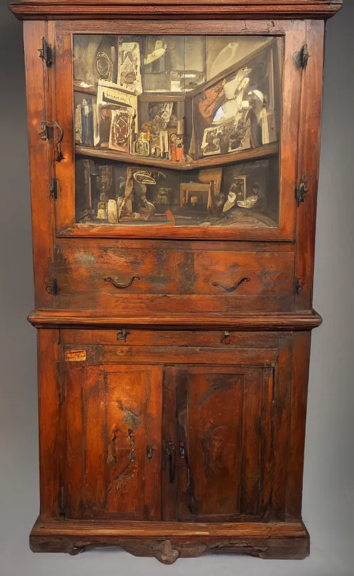 Prompt: wooden vintage cabinet of curiosities, matte painting, oil on canvas