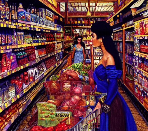 Prompt: low angle photography cleopatra in a grocery store, deep focus, intricate, elegant, highly detailed, digital painting, artstation, concept art, matte, sharp focus, illustration, art by nan goldin, cinematographyby jom jarmusch