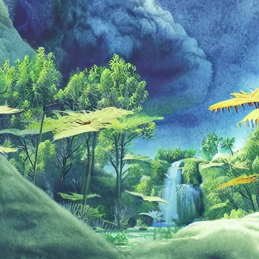 Prompt: beautiful detailed watercolor of a lush natural scene on a colourful alien planet by vincent bons. ultra sharp high quality digital render. detailed. beautiful landscape. weird vegetation. water. soft colour scheme. grainy.