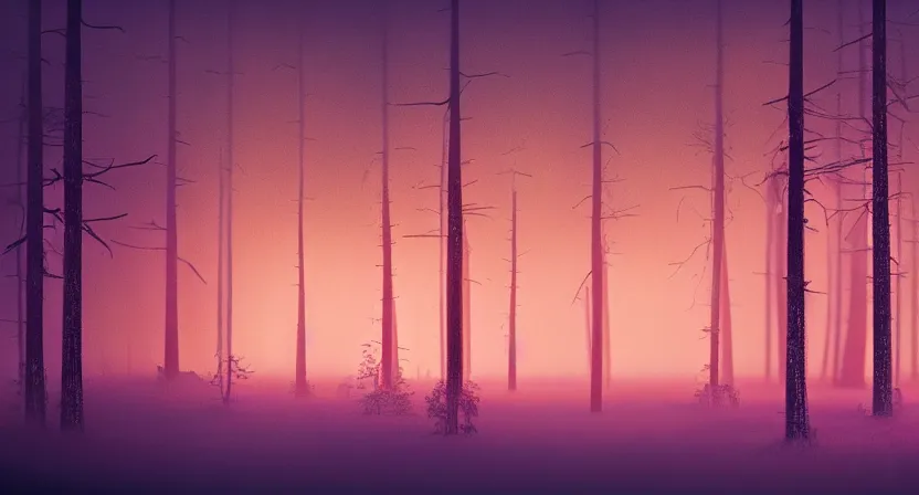 Image similar to national geographic photo of dark russian forest, soft colors, bright neon, retro-futurism, atomic heart game concept render