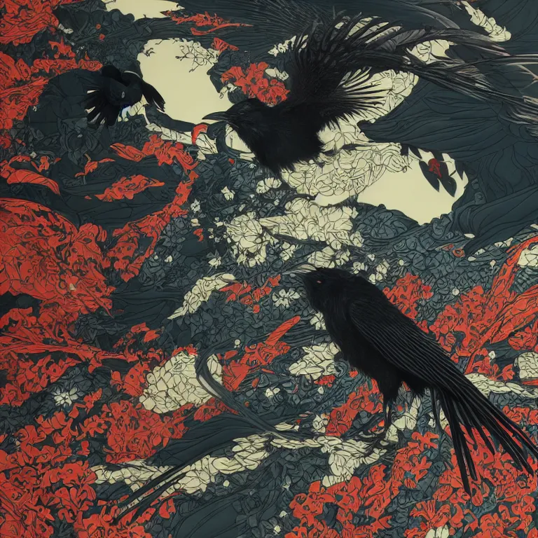 Prompt: black raven bird, james jean style, utagawa kunisada style, vfx art, unreal engine render, claymation style, colourful, volumetric light, digital painting, digital illustration, dramatic light,