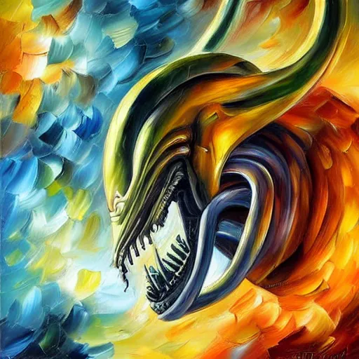 Image similar to portrait painting of a Xenomorph, by Leonid Afremov