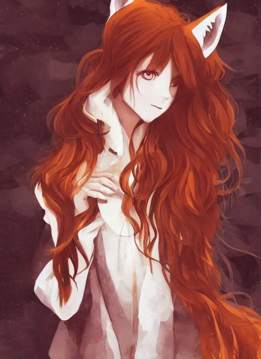 Image similar to illustration by shigenori soejima, girl with fox ears, long wavy orange hair, light brown trenchcoat, forest background, focus on face, pretty, moody lighting, painterly