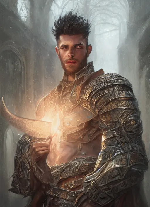 Image similar to realistic portrait painting of a male fantasy paladin brute, old mystic ruins, afternoon, intricate, elegant, highly detailed, digital painting, sharp, focus, by artgerm and greg rutkowski