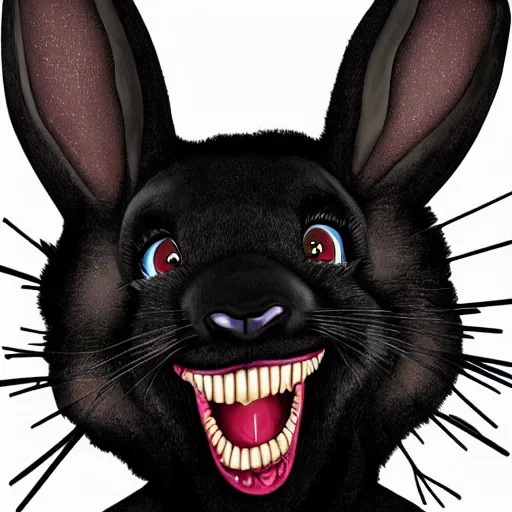 Prompt: A extremely highly detailed majestic hi-res beautiful, highly detailed head and shoulders portrait of a scary terrifying, horrifying, creepy maniacal crazy black cartoon rabbit with scary big eyes, earing a shirt laughing maniacally , let's be friends, in the style of a Walt Disney cartoon