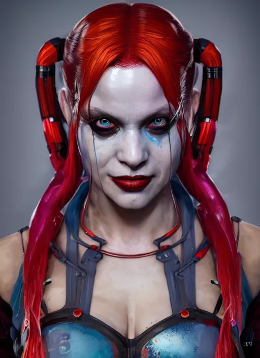 Image similar to biopunk portrait of harley quinn, au naturel, hyper detailed, digital art, trending in artstation, cinematic lighting, studio quality, smooth render, unreal engine 5 rendered, octane rendered, art style by klimt and nixeu and ian sprigger and wlop and krenz cushart