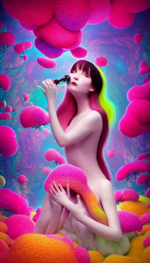 Image similar to hyper detailed 3d render like a Oil painting - kawaii Aurora (Singer) seen Eating of the Strangling network of colorful yellowcake and aerochrome and milky Fruit and Her delicate Hands hold of gossamer polyp blossoms bring iridescent fungal flowers whose spores black the foolish stars by Jacek Yerka, Mariusz Lewandowski, Houdini algorithmic generative render, Abstract brush strokes, Masterpiece, Edward Hopper and James Gilleard, Zdzislaw Beksinski, Mark Ryden, Wolfgang Lettl, hints of Yayoi Kasuma, octane render, 8k