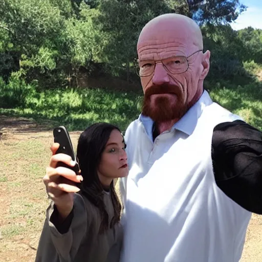 Image similar to walter white taking a selfie with a gorilla