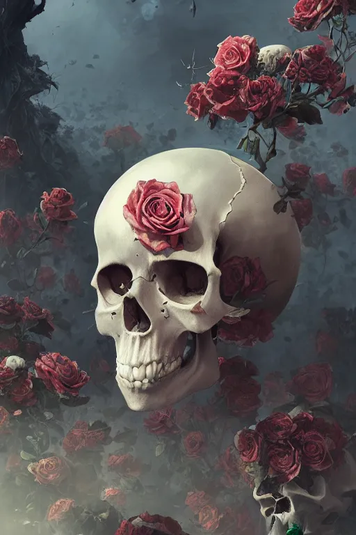 Prompt: skull roses explosion, concept art, technology vs nature, photorealistic by michael komarck, greg rutkowski, victo ngai, artgerm, willem claesz heda and j. dickenson, beeple