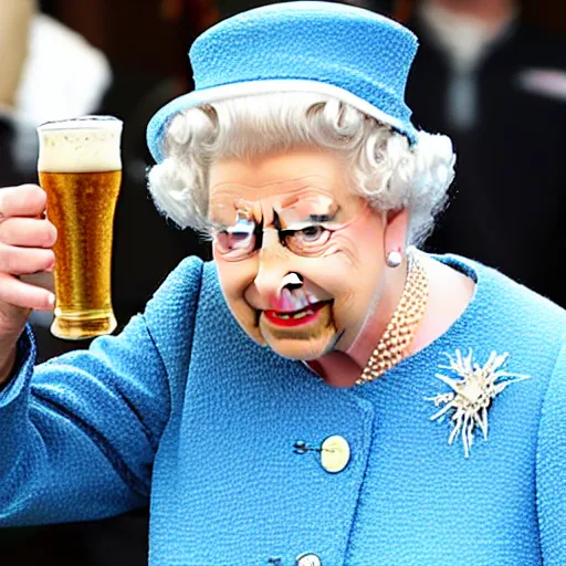 Image similar to Queen Elizabeth drinking beer from a shoe