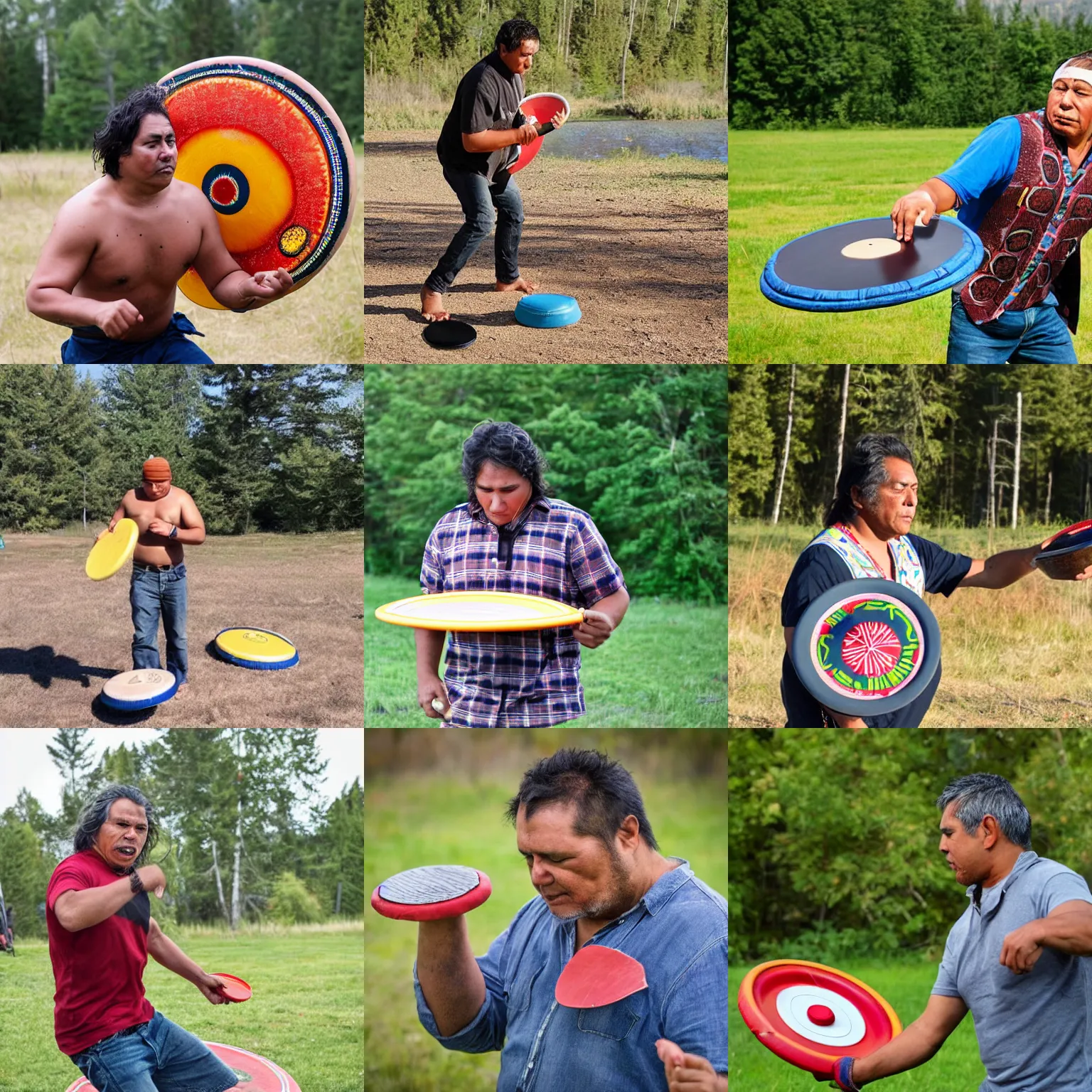 Prompt: first nations man destroying a frisbee