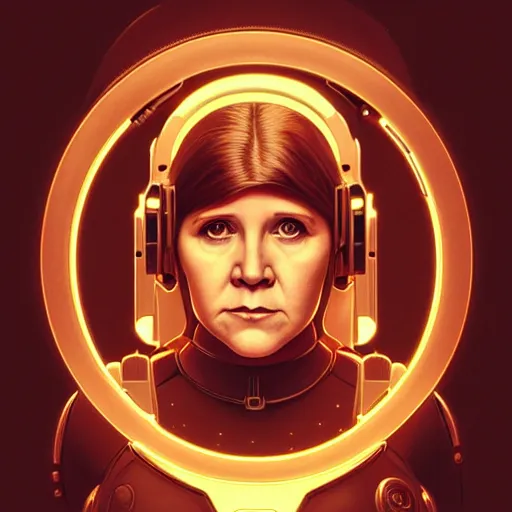 Image similar to symmetry!! portrait of young carrie fisher, gold sci - fi armour, tech wear, glowing lights!! sci - fi, intricate, elegant, highly detailed, digital painting, artstation, concept art, smooth, sharp focus, illustration, art by artgerm and greg rutkowski and alphonse mucha