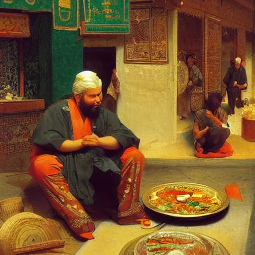 Image similar to orientalist painting of guy fieri cooking over a pot in the bazaar by jean - leon gerome and otto pilny and adrien henri tanoux