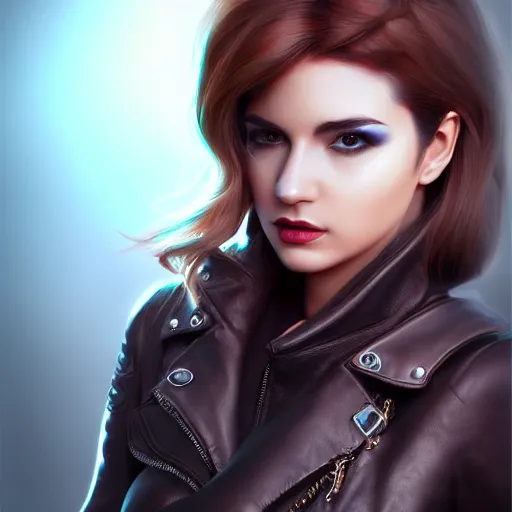 Image similar to a beautiful detailed 3 d matte portrait of sanna marin, by artgerm, leather jacket, slight smile, fantasy, volumetric lighting, high details