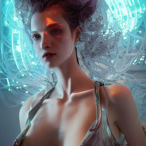 Prompt: the portrait of an absurdly beautiful, graceful, sophisticated, fashionable cyberpunk gravure idol, an ultrafine hyperdetailed illustration by kim jung gi, irakli nadar, matt wisniewski, intricate linework, iridescent wiring, porcelain skin, unreal engine 5 highly rendered, global illumination, radiant light, detailed and intricate environment