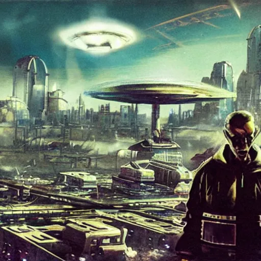 Prompt: post dystopian cyber punk civilization being destroyed by flying saucers and alien robots