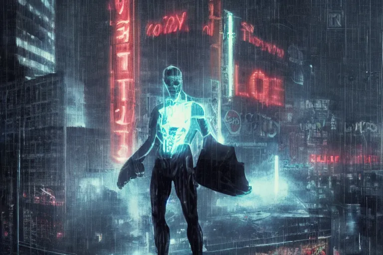 Image similar to roy batty with a bare torso sits in the lotus position with his head bowed in the rain on the roof of a building in the cyberpunk future, around neon signs, a little haze, night, realistic proportions, anime style ghost in armor