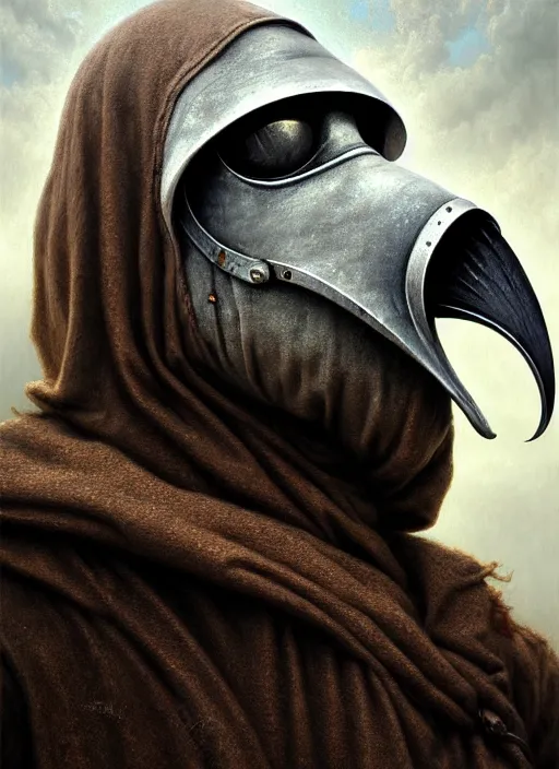 Prompt: closeup portrait shot of a plague doctor in a scenic dystopian environment, intricate, elegant, highly detailed, centered, digital painting, artstation, concept art, smooth, sharp focus, illustration, artgerm, tomasz alen kopera, peter mohrbacher, donato giancola, joseph christian leyendecker, wlop, boris vallejo