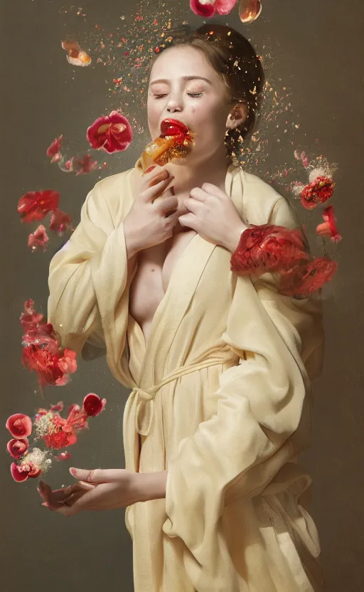 Image similar to portrait of a girl, in a silk robe, honey dripping down her top to bottom, flowers erupting out of her mouth, hyperrealistic