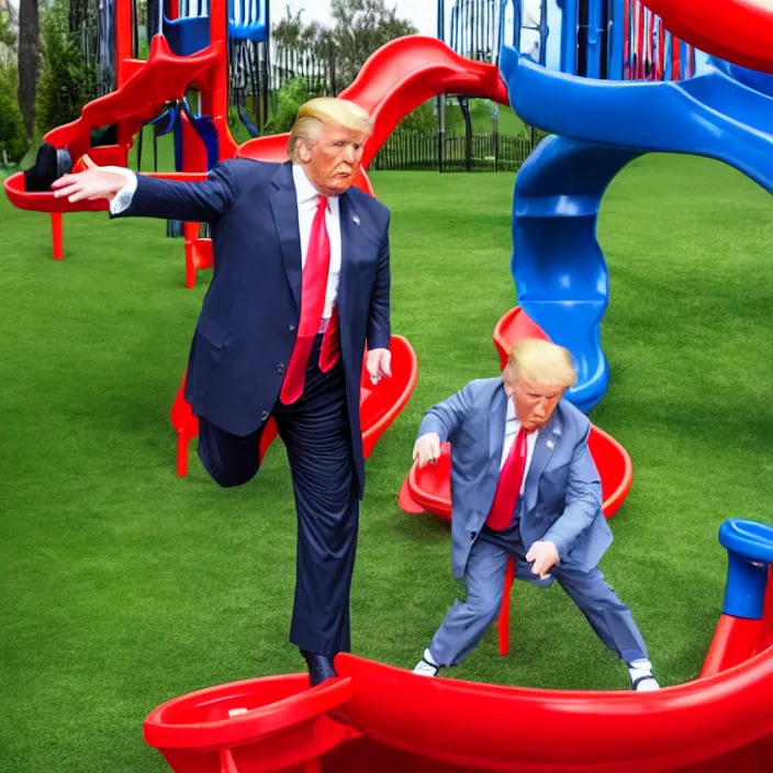 Image similar to donald trump playing in playground, detailed sharp photo