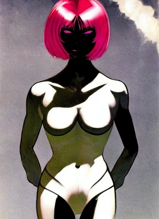 Image similar to female evil android, neon hair, glowing skin, strong line, saturated color, beautiful! coherent! by frank frazetta, high contrast, minimalism