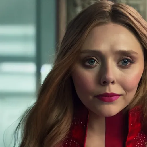 Image similar to A portrait of elizabeth olsen as scarlet witch (2021), cinematic, 8k