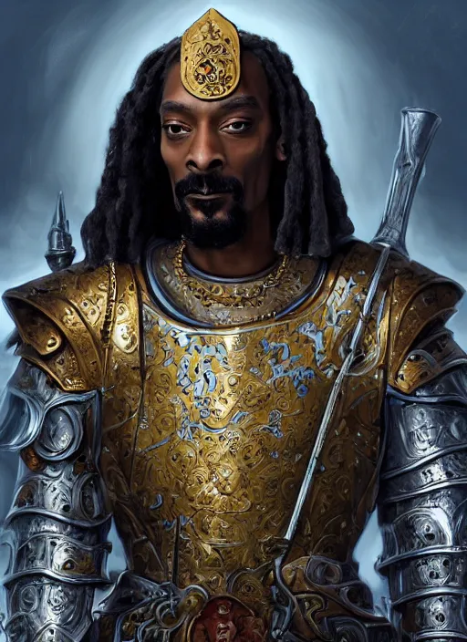 Prompt: snoop dogg as a paladin, short beard, grumpy, intricate plate armor, Ivan Aivakovsky, Boris Vallejo, epic fantasy character art, D&D Concept Art, full length, Realistic, Regal, Refined, Detailed Digital Art, Oil Paining, Exquisite detail, post-processing, masterpiece, Cinematic Lighting, Unreal Engine, 8k, HD, Stanley Artgerm Lau, WLOP, Rossdraws, Frank Frazetta, Andrei Riabovitchev, Marc Simonetti, trending on artstation,