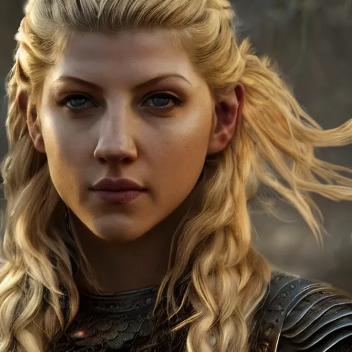 Image similar to portrait art of katheryn winnick, lagertha. vikings, 8 k ultra realistic, lens flare, atmosphere, glow, detailed, intricate, full of colour, cinematic lighting, trending on artstation, 4 k, hyperrealistic, focused, extreme details, unreal engine 5, cinematic, masterpiece