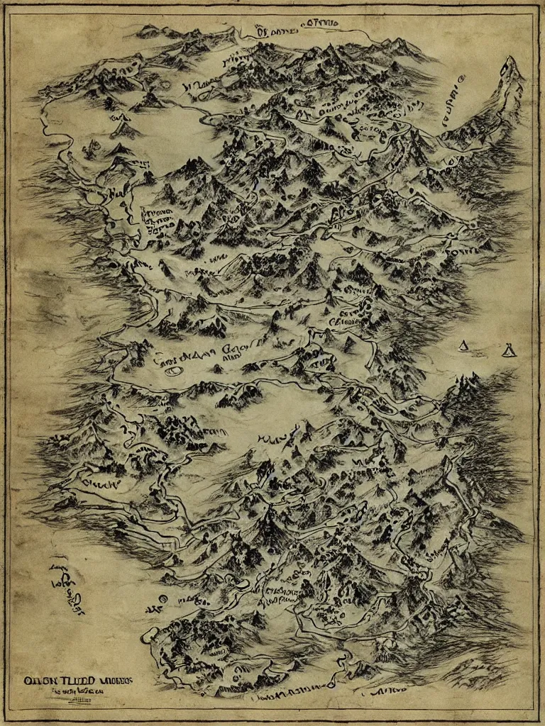 Image similar to old fantasy map of a frozen region with a abandoned mine drawn by j. r. r. tolkien