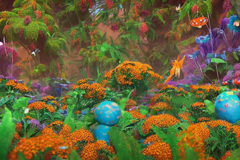 Image similar to super detailed color art, a lot of small garden flowers, A multiverse of insects and spiders, unreal engine, wes anderson color palette, 3d render, colorful, digital art