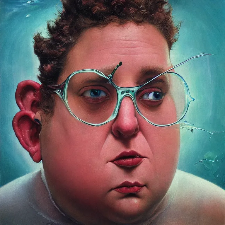 Image similar to Hyperrealistic intensely colored close up studio Photograph portrait of a deep sea bioluminescent Jonah Hill, symmetrical face realistic proportions eye contact, sitting in His throne underwater, award-winning portrait oil painting by Norman Rockwell and Zdzisław Beksiński vivid colors high contrast hyperrealism 8k