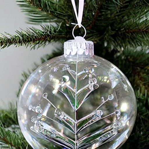 Prompt: clear crystal glass tree ornament. hamburger. etsy product photo