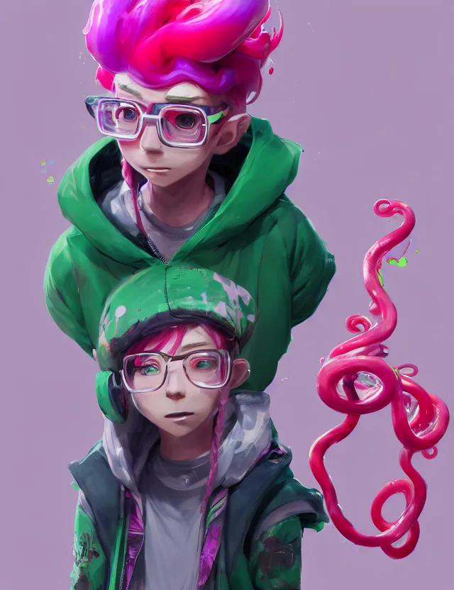 Image similar to a beautiful portrait of a cute splatoon anime male with pink tentacle hair wearing a green hoodie. character design by cory loftis, fenghua zhong, ryohei hase, ismail inceoglu and ruan jia. artstation, volumetric light, detailed, photorealistic, fantasy, rendered in octane