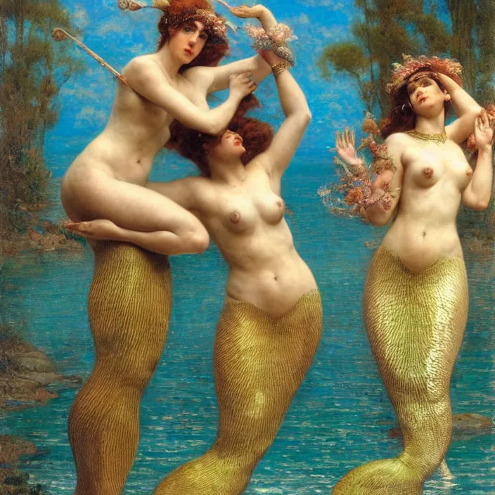 Prompt: beautiful portrait of mermaids wrestling, hard lighting, graceful, full body, warm lighting, painting by gaston bussiere, craig mullins, j. c. leyendecker, lights, art by ernst haeckel, john william godward, hammershøi