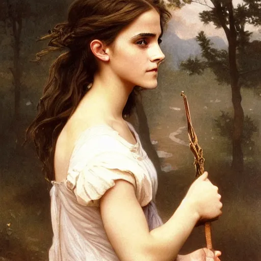 Image similar to Painting of Emma Watson as Hermione Granger. Art by william adolphe bouguereau. During golden hour. Extremely detailed. Beautiful. 4K. Award winning.