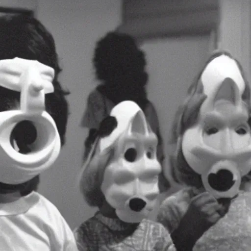 Image similar to Still from a children's television show about people dressed as nostrils, 1980