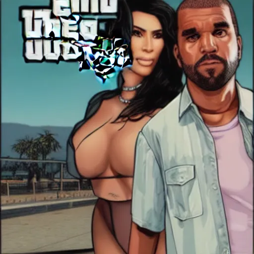 Prompt: videogame cover of gta 6 miami kim kardashian and george floyd accurate eyes