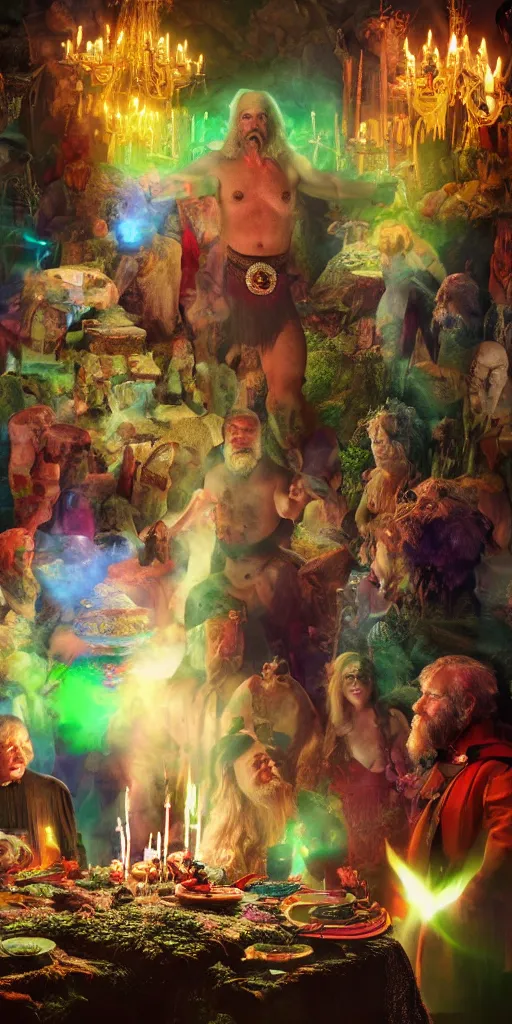 Image similar to an 8 k magazine editorial photo shoot color hdr picture of zardoz accessing magical second level during his 9 6 6 th birthday party along with female friends. everything is of the second level including plates of green bread and hams on the isle of kun lao. volumetric lighting. atmospheric