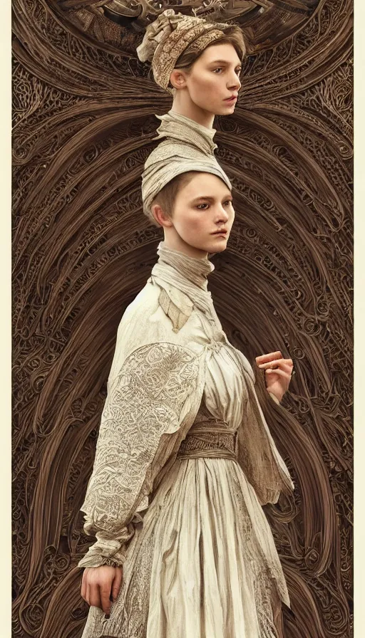 Prompt: peasent, traditional clothing, fame of thrones, fibonacci, sweat drops, intricate fashion clothing, insane, intricate, highly detailed, surrealistic, digital painting, artstation, concept art, smooth, sharp focus, illustration, Unreal Engine 5, 8K, art by artgerm and greg rutkowski and alphonse mucha