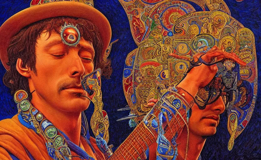 Image similar to an breath - taking jean giraud work of art of john lenon in the style of a renaissance masters portrait, mystical and new age symbolism and tibetan book of the dead imagery, intricately detailed, the beatles imagery, 4 k