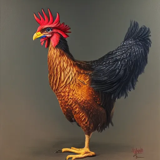 Prompt: a super majestic, beautiful strange true to life hyperrealistic oil painting depicting a good mood on a bad day. 1 6 k resolution. vivid light and colors. fantastically special beautifully elegant crow with a mix of unbelievably iridescent feathers doing its taxes, so much work!, highly detailed image shown a variety of different styles of a mentally ill chicken.