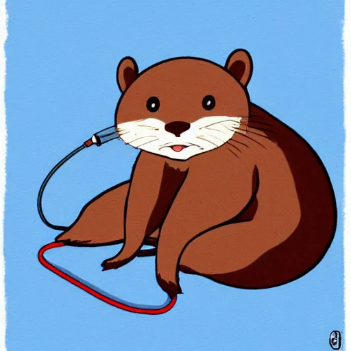 Image similar to otter with a headphone overears in the style of ghibli animations