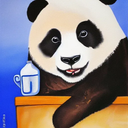 Image similar to oil in canvas of a sad panda drinking on a bar