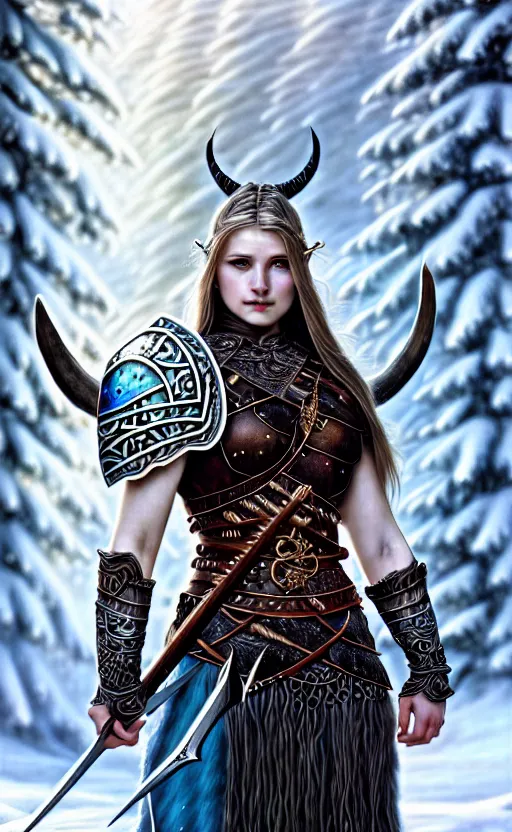 Image similar to iridescent viking warrior, regal, elegant, winter, snow, beautiful, stunning, hd, illustration, epic, d & d, fantasy, intricate, elegant, highly detailed, wide angle, digital painting, artstation, concept art, smooth, sharp focus, illustration, wallpaper, art by artgerm and greg rutkowski and alphonse mucha and jin xiaodi