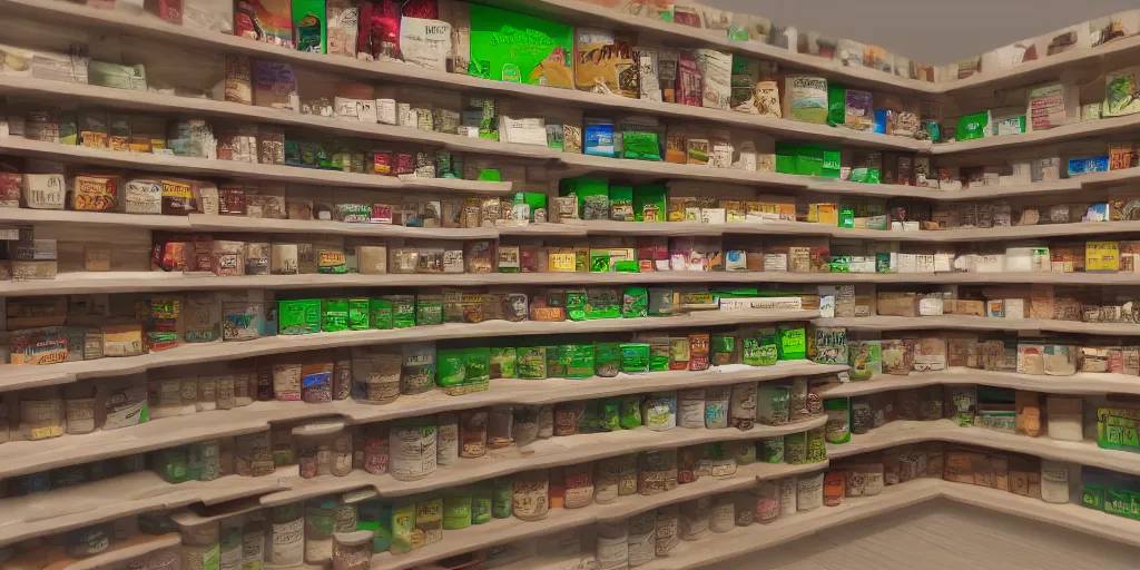 Prompt: Shelves lined with Pet foods, detailed 4K texture for Unity, photorealistic