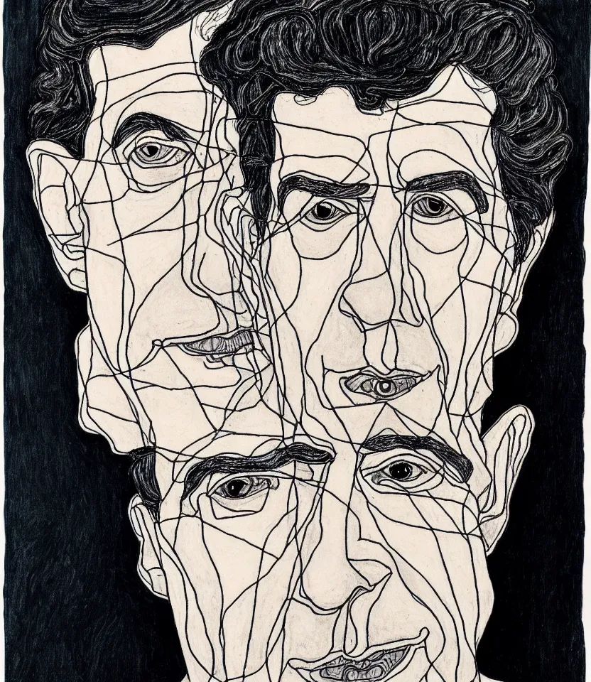 Prompt: detailed line art portrait of leonard cohen, inspired by egon schiele. caricatural, minimalist, bold contour lines, musicality, soft twirls curls and curves, confident personality, raw emotion