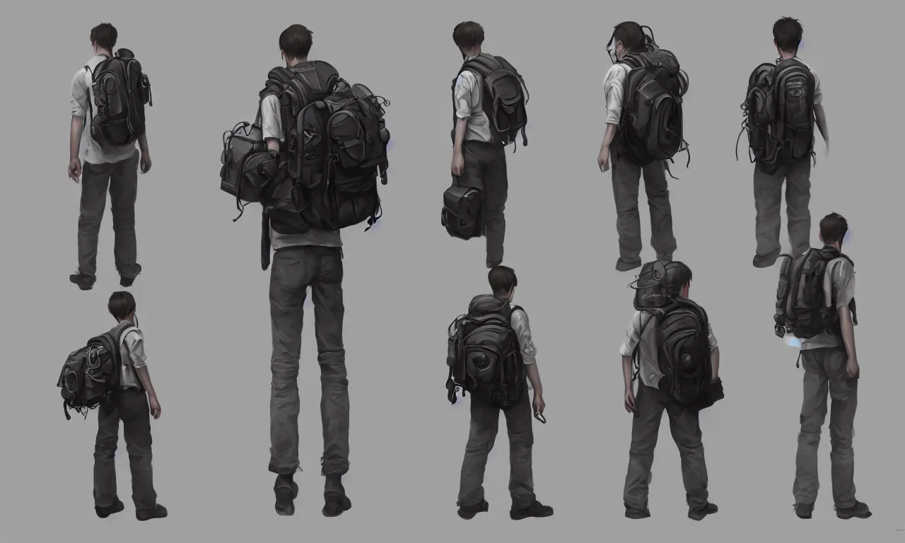 Prompt: an concept art illustration, photorealistic asset sheet, material study, a young student with mechanical backpack, ultra realistic, style by wlop, trending in artstation, cgsociety, octane render, ultra sharp, digital painting, 8 k